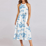 Naiste vabaaja &uuml;mara kaelusega midi kleit, p&otilde;hiline klassikaline v&auml;ljas igap&auml;evane varrukateta lahtine boho sidumiskleit, suvine rannakleit L beež