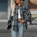 Naiste vabaaja mood lahtine ruuduline taskus&auml;rk pikkade varrukatega topid L sinine