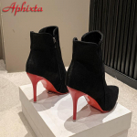 Aphixta 10cm Stilettod Talvised Punased Kontsad T&otilde;mblukuga Soojad Mustad Pahkluusa Kingad Naistele Flokeeritud Jalatsid Kingad Naistele &Uuml;lisuur Suurus 47 48 49 50 36