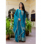 India disaineri peokleit Salwar Suit Palazzo komplekt naistele Bollywood Chinon siidist Salwar Kameez M sinine