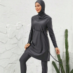 Naiste 3-osaline tumedast hallist tagasihoidlik burkini ujumiskost&uuml;&uuml;m koos hijabi, v&ouml;&ouml;kohaga pikkade varrukatega tuunika ja t&auml;ispikkade ujumisp&uuml;kstega L