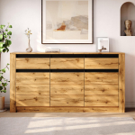 Kapp 135&times;35&times;70cm puitlaastplaadist, kummut elutuppa, 9 panipaiguga, naturaalse puidu v&auml;rvi, 3 sahtli ja sektsiooniga 135 x 35 x 70 cm looduslik