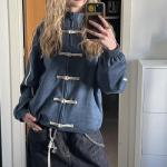 Naiste Hiina konninuppudega jakk Y2k Vintage T&otilde;mblukuga dressipluus T&otilde;mblukuga kraega bomberjakk Preppy Streetwear M sinine
