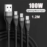 VAORLO 6A 3-&uuml;hes laadimiskaabel Kiirlaadimine iphone 11pro 12pro telefoni andmesidekaabel 1,2 m laadimiskaabel Laadimistarvikud must