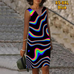 Naiste V-kaelus, suvine vikerkaar, lainelise mustriga kleit vabaaja varrukateta mood vabaaja vabad seksikad kleidid, suur suurus XS-8XL XS sinine