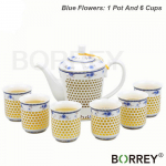 BORREY keraamiline portselanist teekomplekt, 1 pott 6 tassi kinkekarbis Ling Long Devil's Work Lilleline Kung Fu teekann Puer Oolong teekeetja Blue Set(7pcs)
