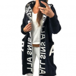 Naiste talvine s&uuml;giskampsun mantel kapuutsiga taskud kirjamustriga kootud paks soe pikk varrukas keskmise pikkusega l&otilde;tv t&otilde;mblukk, talv pikk mantel L must