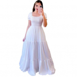 Naiste maksikleit ruudukujuline kaelus, elastne, rinnakorviga, plisseeritud &uuml;hev&auml;rviline A-kujuline avar lapiline all&auml;&auml;r l&uuml;hike L valge