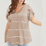 V-kaelusega triibulise tr&uuml;kiga l&uuml;hikeste varrukatega naiste suvine volangidega l&uuml;hikeste varrukatega T-s&auml;rk vabaaja hingav, mugav t&ouml;&ouml;puhkus pluss top(XL ~ 5XL) XL khaki