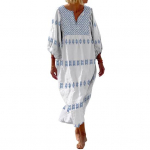 Suvine daamikleit Kolme neljandiku varrukatega Boheemlas stiilis tr&uuml;kitud avara V-kaelusega pullover vabaaja kesks&auml;&auml;re pikkusega Midi-kleit M valge