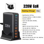 Essager 320W GaN Kiire Lauaarvuti 8-pordiline USB Type C PD Laadija Kiirlaadimine iPhone 16 15 14 13 Huawei Samsung Xiaomi S&uuml;learvutile iPadile UK Plug