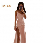 Daami &otilde;htukleit plekiga k&uuml;ljelt l&otilde;hikuga, seljata, &otilde;hukese istuvusega spagetirihmaga maksikleit Madala kaelusega varrukateta A-kujuline libisemiskleit pulmapidustuseks S aprikoosi