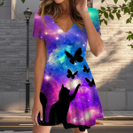 Suvine moodne naiste V-kaelusega l&uuml;hikeste varrukatega musta kassiga tr&uuml;kitud kleit l&uuml;hikese seelikuga seksikleidid XS sinine