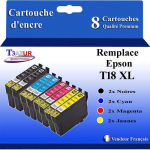 T3AZUR- 8x Cartouches Compatibles avec Epson 18XL 18 XL remplace Epson Expression Home XP102 XP202 XP205 XP212 XP215