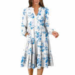 Naiste V-kaelusega voolav kihiline boheemlaslik pikkade varrukatega lillemustriga kleit S valge