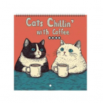 1/2 tk. 2025. aasta seinakalender Kassid chillivad kohviga seinakalender 12 kuu kohvikasside kalender Perekontori korraldaja kassis&otilde;bra kingituseks 1pc