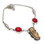 Natural Agate Geode Slice, Coral 925 Sterling Silver Jewelry Necklace 18 p9b67
