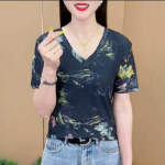 YYFS naistemood vabaaja suve kevadlillemustriga l&uuml;hikeste varrukatega V-kaelusega pluusid ja s&auml;rgid XXXL