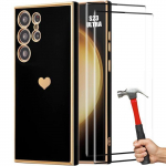 Coque - BOOLING - pour Samsung Galaxy S23 Ultra - Protection Silicone - Motif Coeur - Noir Dor&eacute; - 2 Vitres must