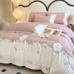 Luksuslik t&auml;ispuuvillane lilledega tikitud voodipesukomplekt: Kvaliteetne pikkade kiududega puuvillast voodikate ja voodilina. 1.5m Fitted Sheet Set 4pcs/Duvet 200x230