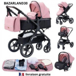 Poussette 3 en 1 B&eacute;b&eacute; Combin&eacute;e Si&egrave;ge-Auto Nacelle Trio R&eacute;versible R&eacute;glable Haute Qualit&eacute; Roues increvables Canne.Rose roosa