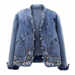 Kevadine ja s&uuml;gisene uus teksajakk naistele L&uuml;hike mitmek&uuml;lgne retro-hiina stiilis tikitud stret&scaron;jakk Slim Fit Top Trend 2XL sinine