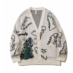Harajuku Dinosaurusmustriga Must Kardigan-kampsun Meestele Vintage &Uuml;le suurusega Multikas Kawaii Mantlid S&uuml;gis Talv L&otilde;tv Kootud Kampsun M valge