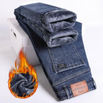 Talvine fliisist paks soe teksa meeste slim sirge elastne denim p&uuml;ksid vabaaja meeste riided mood pl&uuml;&uuml;sist p&uuml;ksid 28