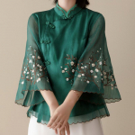 Hiina stiilis tikitud pluus, muudetud cheongsam, p&uuml;stkrae, nahkhiire varrukas, lai pealmine osa, vintage temperament, naister&otilde;ivad M