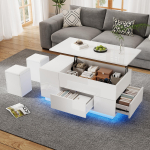 100*50*45cm Kohvilaud reguleeritava k&otilde;rgusega ja LED-valgustusega, 2 sahtlit, k&otilde;rgl&auml;ikega, koos diivani ja 2 taburetiga, peidetud panipaik, kandev&otilde;ime 50kg, Valge 100 x 50 x 45 cm valge