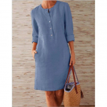 Puuvillasest linasest pikkade varrukatega O-kaelusega p&otilde;lvekleidid naistele Taskuline soliidne peokleit Suures suuruses ruched kleit XXXL