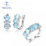 100% naturaalne taevasinine topaas v&auml;&auml;riskividest ehtekomplekt Brasiilia 9kt klambriga k&otilde;rvar&otilde;ngas&otilde;rmus naistele 925 h&otilde;bedast peened ehted us ring size 5# sinine