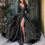 Naiste mood s&uuml;gav V-kaelusega pikkade varrukatega pits A-line seelikkleit, &auml;&auml;ris, pidulik &otilde;htukleit, pronksiv Big Swing, seksikas pikk seelik XXXXXL must