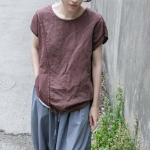 Johnature Naiste Patchwork Vintage T-s&auml;rgid O-kaelusega l&uuml;hikeste varrukatega T-s&auml;rgid Suvised puuvillased linased naiste T-s&auml;rgid One Size tumepruun v&auml;rv