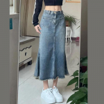 Suvine pikk teksaseelik Naiste Korea moe l&otilde;hustatud Faldas Jean Keskmise pikkusega k&otilde;rge v&ouml;&ouml;kohaga seelikud Sinised lahtised kauboi S sinine