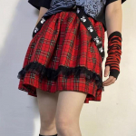 Harajuku Lolita ruuduline seelik T&auml;navar&otilde;ivad Hiphop A-Line Seksikas Miniseelik Moodne k&otilde;rge v&ouml;&ouml;kohaga pitsiline plisseeritud seelik t&uuml;drukutele Y2K Style Club One Size punane