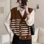 V-kaelusega kahe rinnaga raske t&ouml;&ouml; tikandid kampsun vest kevad-s&uuml;gis virnastatud v&auml;rviga sobiv triibuline vest naiste kardigan One Size beež