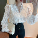 Korea V-kaelusega &otilde;&otilde;nsa pitss&auml;rk naiste riided Mood pikkade varrukatega elegantne naisepluus Slim Fit vintage s&auml;rgid Topid 16921 One Size valge