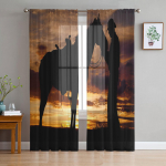 Western Cowboy Horse p&auml;ikeseloojangu t&uuml;llkardinad elutuppa l&auml;bipaistev kardin Magamistoa Voile dekoratiivsed aknahooldused 135W x 114H(cm)