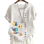 Loomade ja lilledega mustriga naiste mugav puuvillasest linasest vabaaja t-s&auml;rk &uuml;mara kaelusega ja l&uuml;hikeste varrukatega, n&ouml;&ouml;biga kaunistus S-5XL S