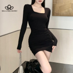 Korea stiilis kandiline krae pikkade varrukatega kleit Naiste kevadine uus plisseeritud v&ouml;&ouml;koht Slim-fit Slim-fit puusaseelik Spice Girl l&uuml;hike kleit S roheline