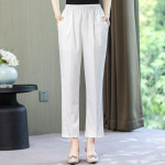 Suvised puuvillased linasest k&otilde;rge v&ouml;&ouml;kohaga p&uuml;ksid Naiste p&otilde;hilised elastsed v&ouml;&ouml;kohaga sirged p&uuml;ksid, suur suurus L valge