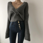 S&uuml;gis Talv Naiste &Uuml;hev&auml;rvilised Kampsunid Kootud V-kaelusega Ristuv Metsik Moekas Seksikas Pulloverid Naine Naine Vintage Topid Kudumid One Size aprikoosi