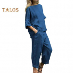 2 tk/komplekt Naiste T-s&auml;rgi p&uuml;kste komplekt Kolmveerandvarrukatega O kaelus lahtine &uuml;laosa elastne v&ouml;&ouml;k&uuml;ljel taskud p&uuml;ksid suures suuruses vabaaja spordiriided iga p&auml;ev M roosa punane v&auml;rv