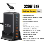 Essager 320W GaN Kiire Lauaarvuti 8-pordiline USB Type C PD Laadija Kiirlaadimine iPhone 16 15 14 13 Huawei Samsung Xiaomi S&uuml;learvutile iPadile EU Plug must
