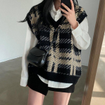 Ruuduline kampsun pullover vest, nais&uuml;li&otilde;pilaste r&otilde;ivad, talvine, korea, vaba, retro, V-kaelus, varrukateta, kootud, pullover vest, kampsun top One Size must