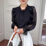 Prantsuse stiilis volangide ja pitsiga &otilde;rn &scaron;ifoonpluus naistele s&uuml;giseks, unikaalse disaini ja &scaron;iki stiiliga S must