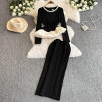 &Scaron;ik naiste kaheosaline komplekt Vanaaegne O-kaelusega tikitud helmestega &uuml;hendatud topid K&otilde;rge v&ouml;&ouml;kohaga l&otilde;hikuga seelik K&otilde;rgt&auml;nava s&uuml;gis-talveriided M must