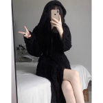 Naiste flanellist kapuutsiga &ouml;&ouml;s&auml;rk-pidžaama - Must paks soe korallfliis, suur suurus Extra Large