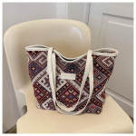 Summer National Canvas Large Capacity Bag for Women New Fashion One-shoulder Embroidered Thread Simple Tote Bag